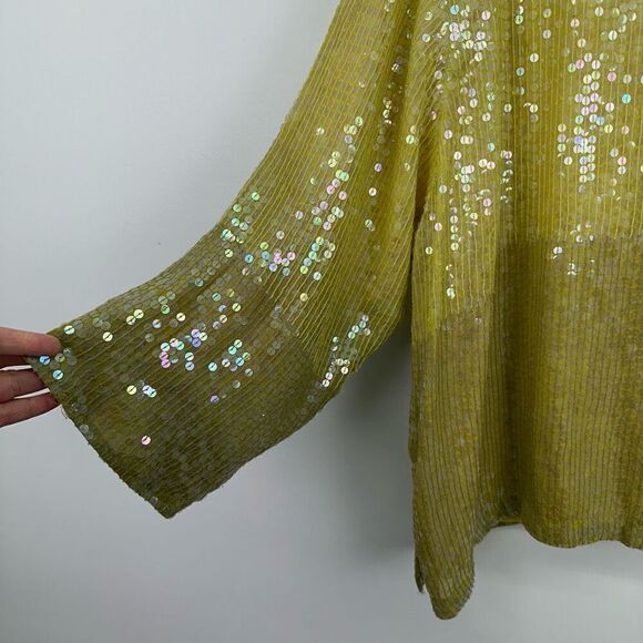 Sandy Starkman Woman’s Yellow Dip Dye All Over Iridescent Sequin Button Down Blo - Picture 5 of 7